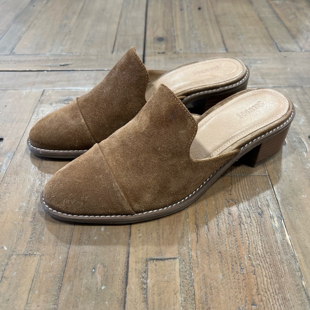 Soludos Ingrid Mules Women’s 7.5 Brown Suede Slip On Leather Block Heel